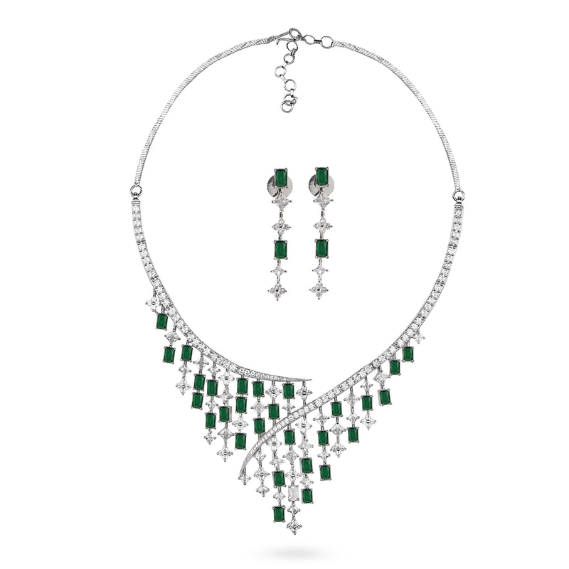 American Diamond Necklace made made of clear and green american deiamonds with earrings perfect for bollywood style jewelry.