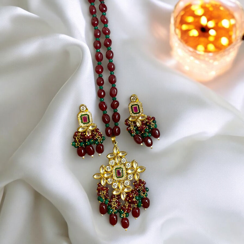 Neha Maroon Green CZ Kundan Long Necklace Set