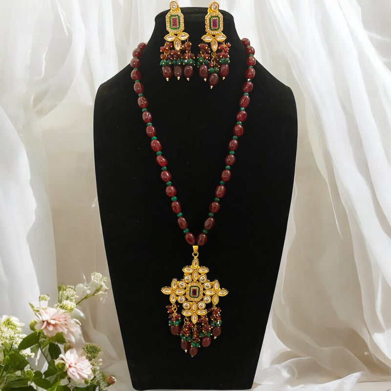 Neha Maroon Green CZ Kundan Long Necklace Set