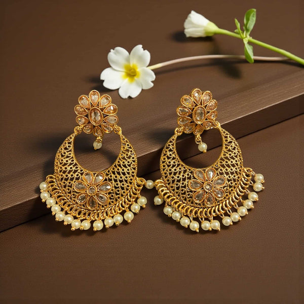 Gold Polki Chandbali Earrings with Pearls | Traditional Indian Jewelry featuring intricate floral design, Polki stones, and delicate pearl hangings | Ethnic gold earrings with fine filigree craftsmanship | Perfect for weddings, festivals, and special occasions | Elegant Indian statement earrings for sarees, lehengas, and bridal wear | Kundan-style Bollywood-inspired jewelry with luxurious gold finish.