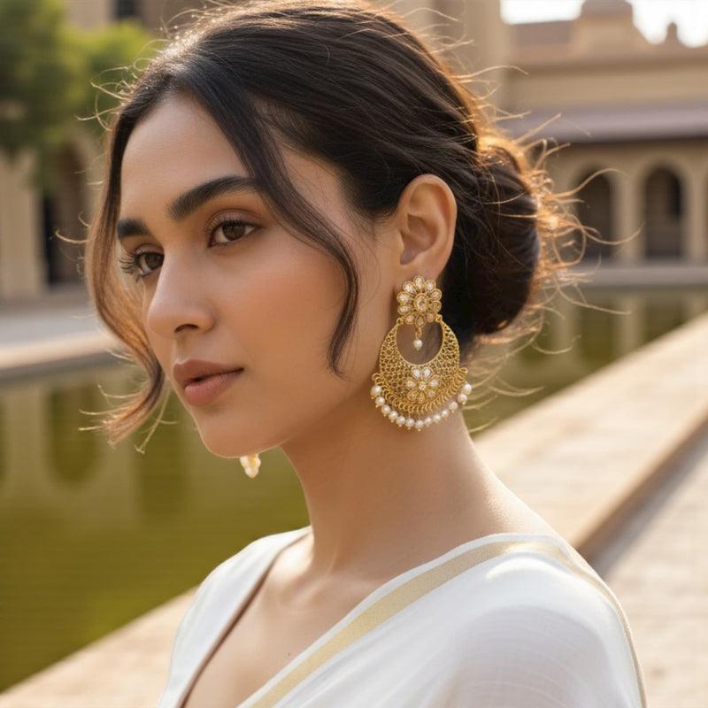 Model wearing elegant Gold Polki Chandbali Earrings with Pearls, showcasing intricate floral detailing and a rich gold finish. The Polki stones sparkle beautifully, while the pearl drops add a graceful touch. Perfectly paired with traditional Indian attire like sarees or lehengas, these earrings highlight classic craftsmanship and regal charm, making them ideal for weddings, festive celebrations, and bridal looks.