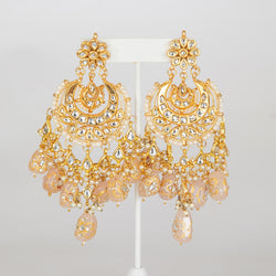 Light Pink Kundan Chandbali Earrings with Pearls | Traditional Indian Jewelry | Handcrafted Kundan Earrings with Intricate Design and Hanging Hand-Painted Tanjore Beads | Elegant South Asian Bridal Earrings for Weddings and Festive Occasions | Ethnic Accessories |