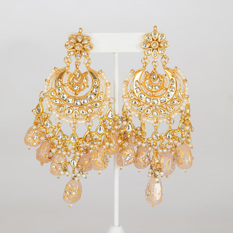 Light Pink Kundan Chandbali Earrings with Pearls | Traditional Indian Jewelry | Handcrafted Kundan Earrings with Intricate Design and Hanging Hand-Painted Tanjore Beads | Elegant South Asian Bridal Earrings for Weddings and Festive Occasions | Ethnic Accessories |