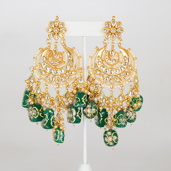 Green Kundan Chandbali Earrings with Pearls | Traditional Indian Jewelry | Handcrafted Kundan Earrings with Intricate Design | Hanging Hand-Painted Tanjore Beads | Elegant Bridal Chandbali for Weddings and Festive Occasions | South Asian Ethnic Accessories |