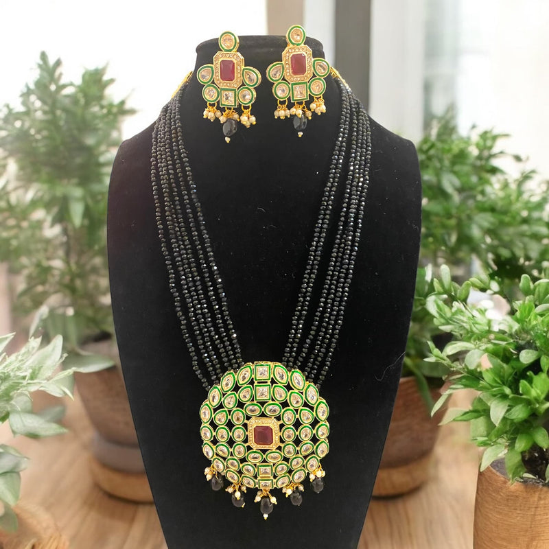 Black Beads Kundan Long Necklace Set with Ruby Stone | Indian Jewelry | Kundan Necklace with Black Beads and Ruby Centerpiece | Traditional Ethnic Jewelry for Weddings and Festive Occasions | South Asian Bridal Accessories |