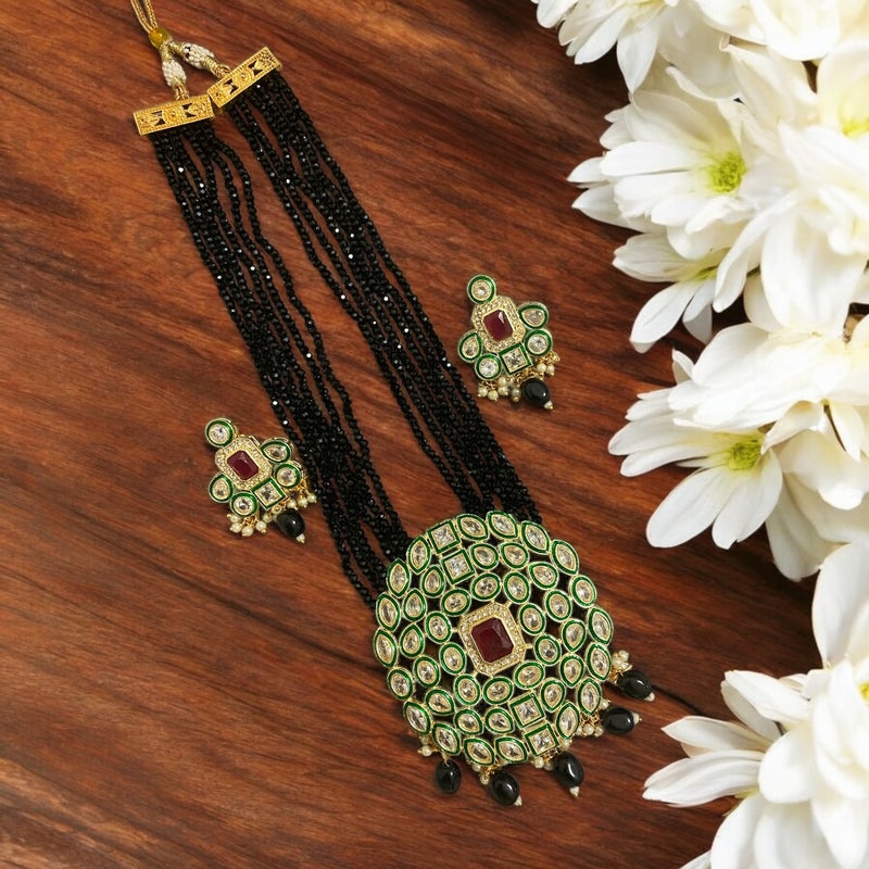 Black Beads Kundan Long Necklace Set with Ruby Stone Center | Traditional Indian Jewelry | Kundan Necklace with Intricate Detailing and Black Beads | Perfect for Bridal Wear and Festive Occasions | Ethnic South Asian Jewelry in Gold Finish