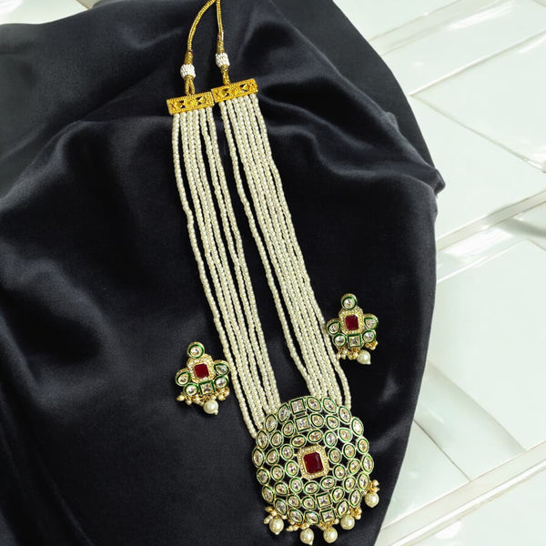 Layered pearl mala set with intricate meenakari detailing, Kundan stones, and ruby beads | Indian Jewelry | Traditional South Asian Jewelry | Elegant bridal and festive necklace set | Exquisite multi-layered pearls with  ruby accents and meenakari.