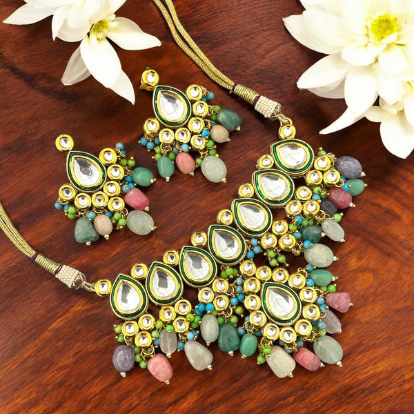Multicolor Kundan necklace set with earrings | Indian bridal jewelry | Handmade gold-plated set with green enamel, natural stones in mint, pink, lavender, and blue | Traditional ethnic jewelry with back meenakari work | Statement necklace for weddings, festivals, and special occasions | South Asian jewelry gift for her | Kundan choker set with colorful beads and intricate detailing