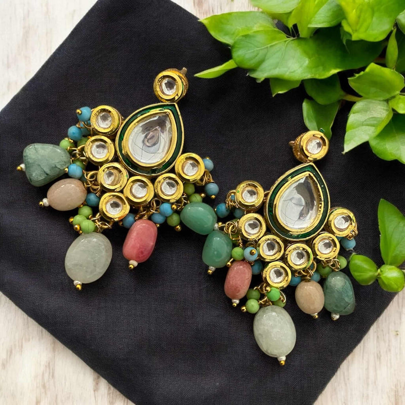 Multicolor Kundan earrings with teardrop and round Kundan stones | Gold-plated Indian earrings with green enamel accents | Dangling natural beads in mint, pink, blue, and lavender | Traditional ethnic earrings with back meenakari work | Perfect for weddings, festive occasions, and bridal wear | Handmade South Asian jewelry gift for her | Statement Kundan earrings with colorful stones