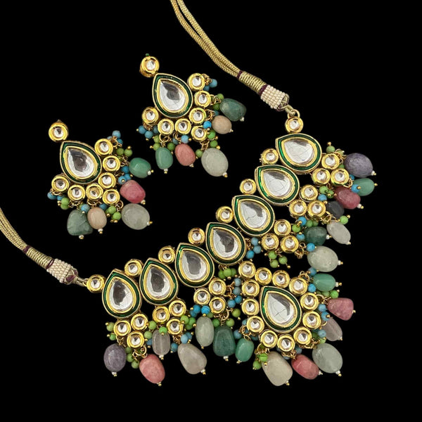 Handmade multicolor Kundan necklace set with matching earrings | Indian bridal jewelry set with gold plating, teardrop and round Kundan stones, and colorful natural beads | Mint green, pink, lavender, and turquoise accents with intricate green enamel and back meenakari work | Ethnic jewelry for weddings, festivals, and South Asian bridal wear | Traditional Kundan choker set | Gift for her | Indian jewelry set
