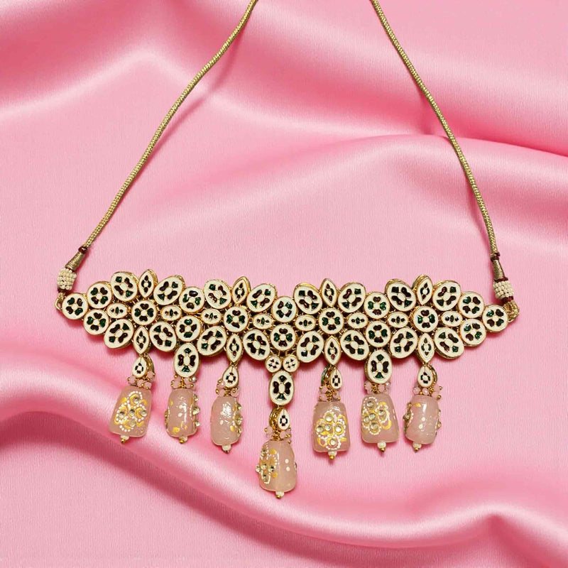 Beautiful Kundan choker necklace adorned with pink Monalisa beads and intricate back meenakari detailing, gold-plated finish, reflecting exquisite traditional Indian jewelry craftsmanship. Ideal for weddings, bridal wear, festivals, and ethnic occasions, this statement necklace combines elegance, cultural charm, and premium quality, making it a perfect accessory for South Asian celebrations, festive events, and sophisticated ethnic ensembles.