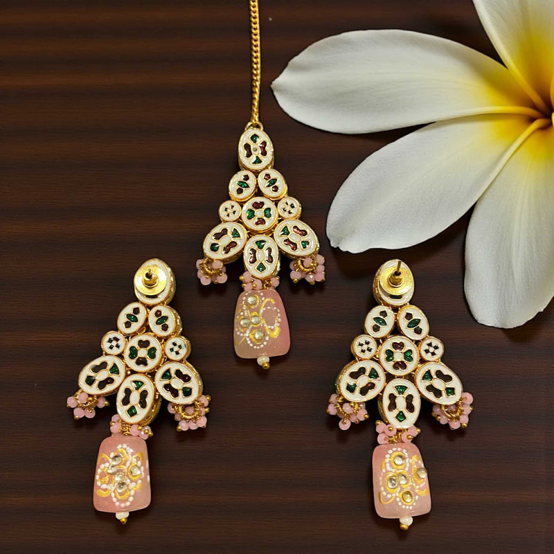 Traditional Kundan jewelry set with matching earrings and maang tikka, adorned with pink Monalisa beads and elaborate back meenakari work, gold-plated finish, showcasing exquisite Indian craftsmanship. Perfect for weddings, bridal wear, festivals, and cultural occasions, this ethnic accessory set offers a luxurious statement, combining intricate Kundan design, vibrant beads, and elegant detailing for South Asian festive and bridal celebrations.
