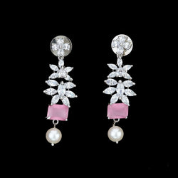 Medium length American Diamond/Cubic Zirconia Earrings with a pink monalisa stone and dangling pearl. Perfect for desi jewelry collection.