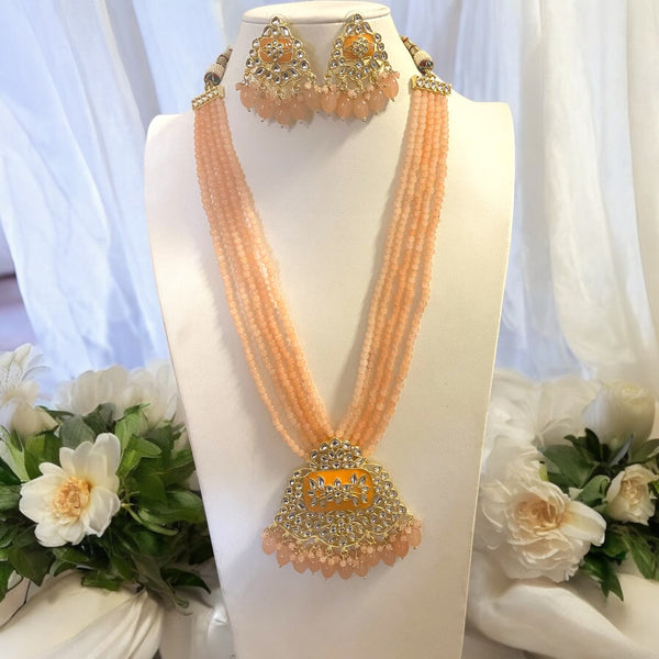 Long Kundan necklace set with peach beads and gold finish | Traditional Indian jewelry | Intricate Kundan work with matching earrings | Perfect for weddings, festive occasions, and bridal wear | Elegant statement piece for sarees and lehengas |