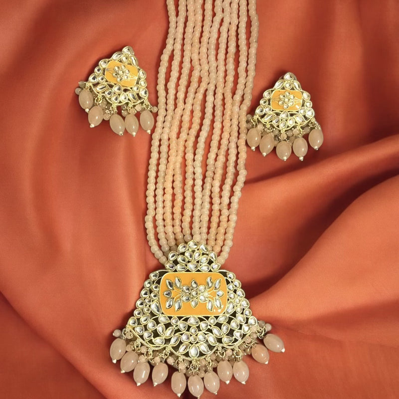 Long Kundan necklace set with peach beads and gold plating | Indian jewelry and Pakistani jewelry for weddings and festive occasions | Includes matching earrings | Intricate Kundan craftsmanship for sarees, lehengas, and bridal wear |