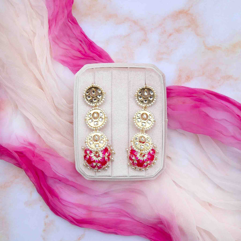 Rani Pink Rasika Kundan Meenakari Jhumka Earrings With Pearls