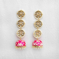 Rani Pink Rasika Kundan Meenakari Jhumka Earrings With Pearls