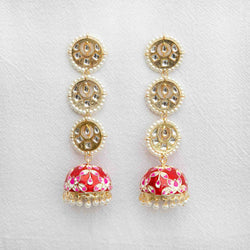 Red Rasika Kundan Meenakari Jhumka Earrings With Pearls