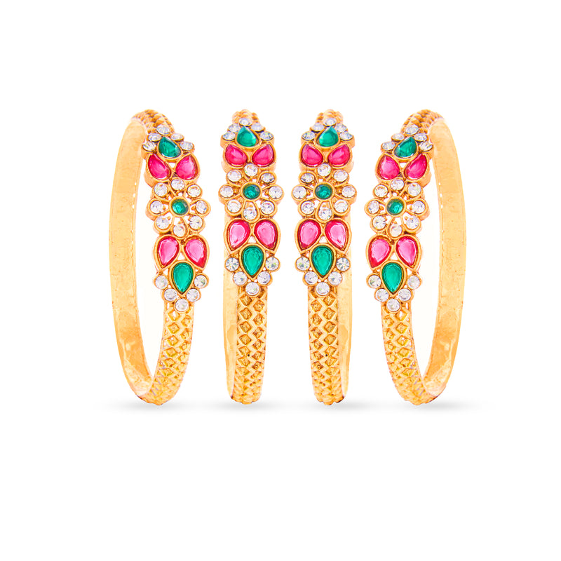 Gold Plated Indian Jewelry Bangles with kundan, red and green stones.