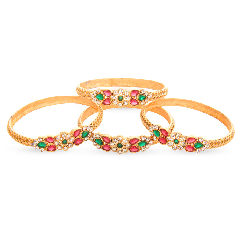 Desi Jewelry Gold Plated Bangles with kundan, red and green stones.