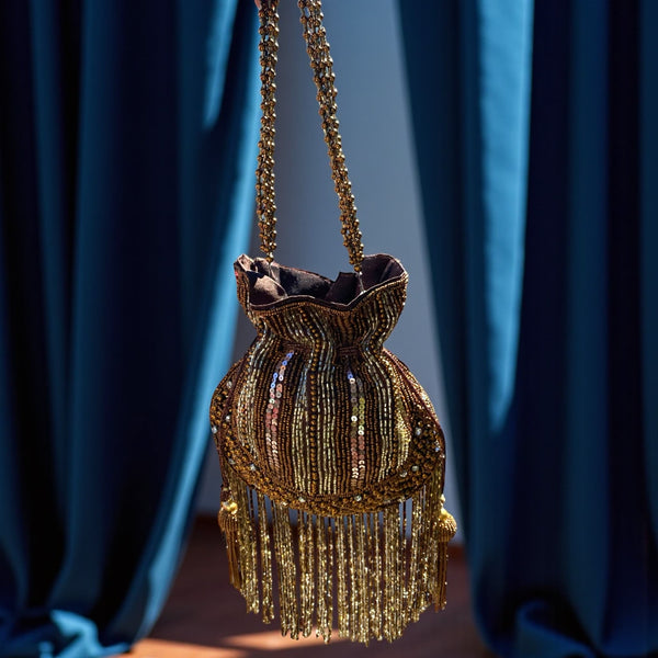Golden sequin potli bag for women featuring intricate beadwork, shimmer sequins, and elegant tassels. Perfect Indian bridal clutch for weddings, receptions, sangeet, and festive parties. Handmade ethnic handbag with drawstring closure and beaded handle for a luxurious touch. Traditional gold potli purse for brides and bridesmaids, ideal for pairing with sarees, lehengas, and anarkalis. Designer festive potli bag with rich embroidery and sparkling golden details.