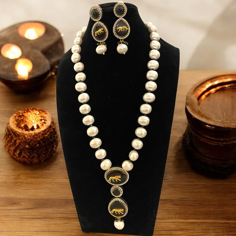 Sabyasachi Inspired Long Necklace Set with Baroque Pearls and Black Stone Pendant | Tiger Motif Design | Includes Matching Earrings with Intricate Detailing | Designer Indian Jewelry for Weddings | Luxurious Ethnic Jewelry for Festivals l