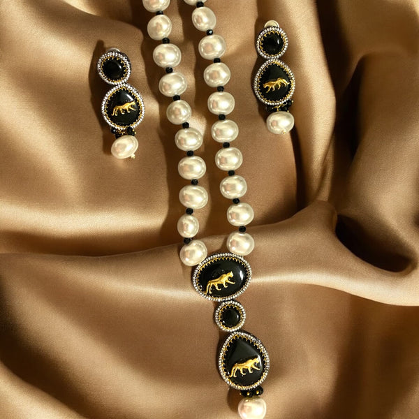 Sabyasachi Inspired Long Necklace Set with Baroque Pearls | Black Stone Pendant with Tiger Motif | Designer Indian Jewelry | South Asian Bridal Necklace Set with Matching Earrings | Elegant Festive Jewelry for Weddings |