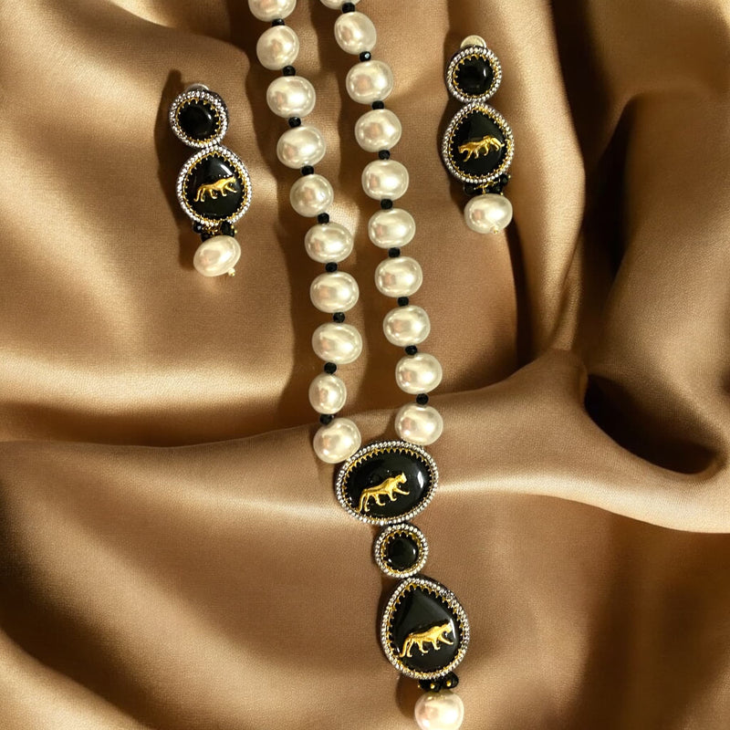 Sabyasachi Inspired Long Necklace Set with Baroque Pearls | Black Stone Pendant with Tiger Motif | Designer Indian Jewelry | South Asian Bridal Necklace Set with Matching Earrings | Elegant Festive Jewelry for Weddings |