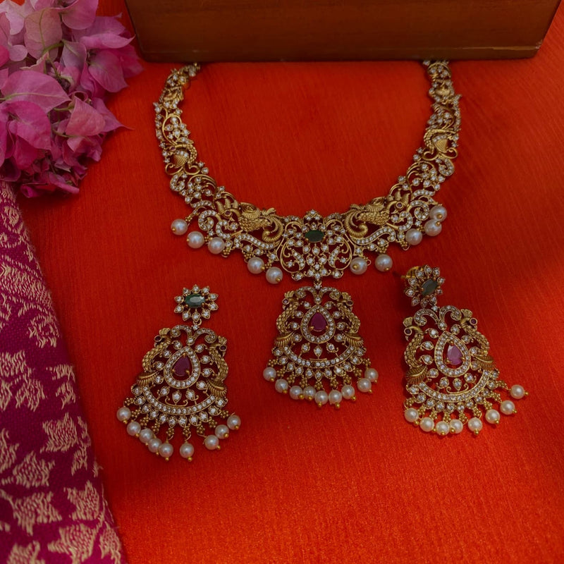 Gold Plated Necklace Set | American Diamond, Ruby, and Emerald Stones | Indian and Pakistani Bridal Jewelry | Traditional South Asian Necklace with Pearls | Wedding and Festive Jewelry | Ethnic Jewelry Set for Special Occasions | Elegant Indian and Pakistani Jewelry