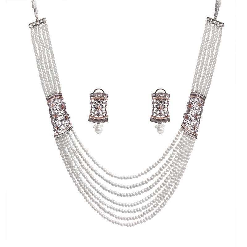 Pure white Pearl long necklace set with victorian and white CZ broaches and earrings from Indian Jewelry store in Pleasanton, CA.