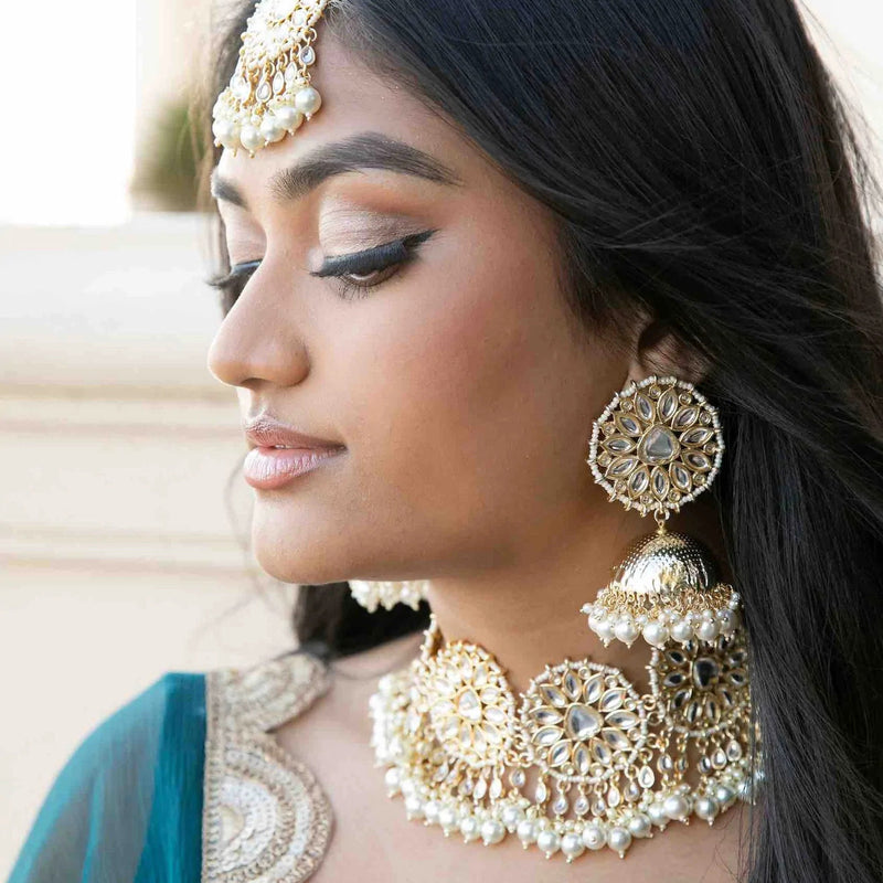 Gold Kundan Necklace Set with Jhumkas and Maang Tikka | Indian and Pakistani Bridal Jewelry Set | Traditional Kundan Work with Gold Plating | Ethnic Jewelry for Weddings and Festive Events | South Asian Jewelry Set with Necklace, Earrings, and Maang Tikka | Elegant Bridal Accessories