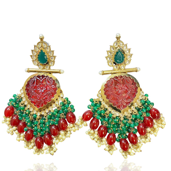 Ruby Green Gold Plated Kundan Indian Jewelry Earrings With Pearls.