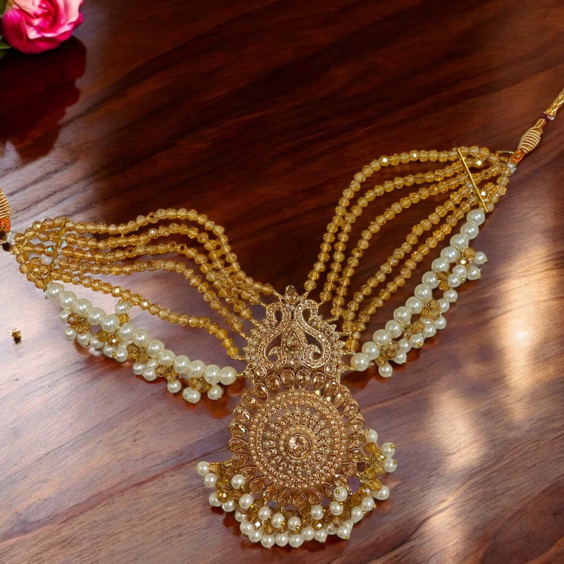 Elegant champagne gold choker adorned with lustrous pearls | Features intricate craftsmanship with a luxurious finish | Perfect for weddings, receptions, and festive occasions | A statement South Asian bridal jewelry piece | Traditional yet timeless choker necklace for an exquisite look | Ideal for pairing with sarees, lehengas, and ethnic outfits | Elevate your jewelry collection with this sophisticated pearl choker.