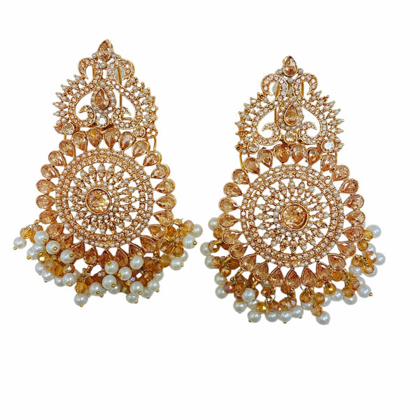 Elegant champagne gold earrings adorned with lustrous pearls | Features intricate craftsmanship with a luxurious finish | Perfect for weddings, receptions, and festive occasions | A statement piece for South Asian bridal jewelry | Timeless design that complements sarees, lehengas, and ethnic outfits | Lightweight yet stunning earrings for a sophisticated look | Elevate your jewelry collection with these exquisite pearl earrings, perfect for any special occasion.