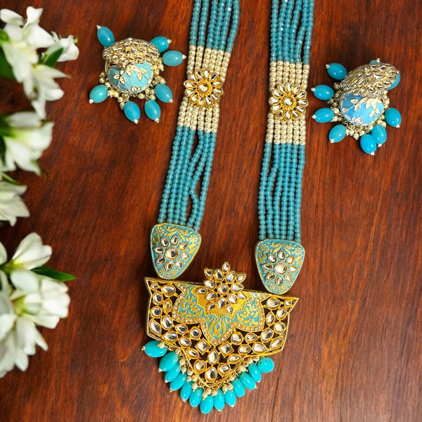 Blue Long Kundan Necklace Set with Jhumkas | Traditional Indian Jewelry | Stunning Long Necklace with Kundan Stones and Blue Beads | Gold-Plated Finish for a Regal Look | Perfect for Weddings, Festive Celebrations, and Bridal Wear |