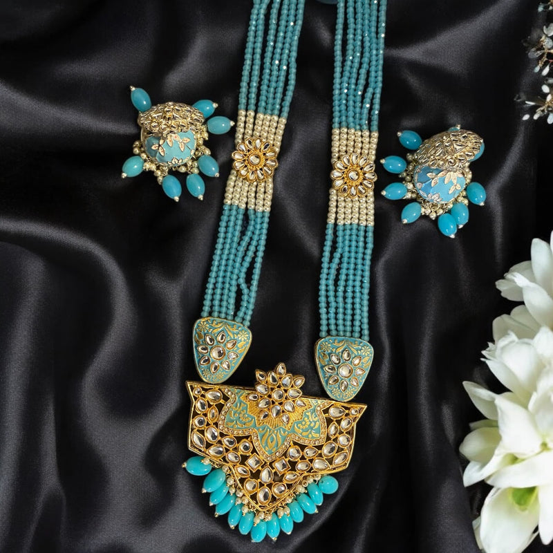 Blue long Kundan necklace set with elegant matching jhumkas, adorned with intricate Kundan stones, blue beads, and a rich gold-plated finish. Perfect for traditional Indian weddings, festive celebrations, and bridal jewelry.