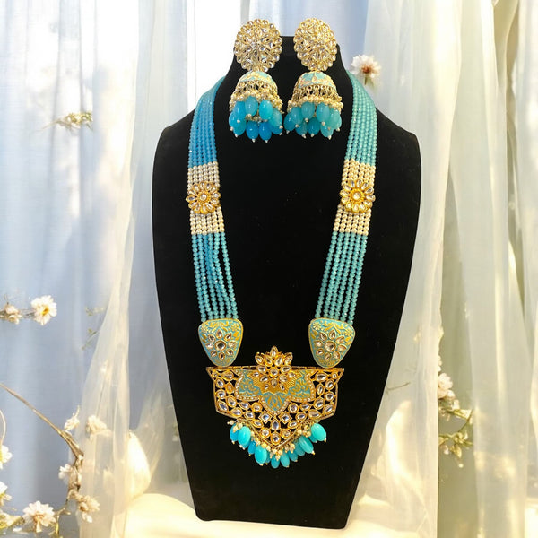 Blue Long Kundan Necklace Set with Jhumkas | Indian Jewelry | Elegant Long Necklace with Intricate Kundan Work | Blue Beads and Gold-Plated Finish | Traditional Necklace Set for Weddings and Festive Occasions | South Asian Bridal Accessories |