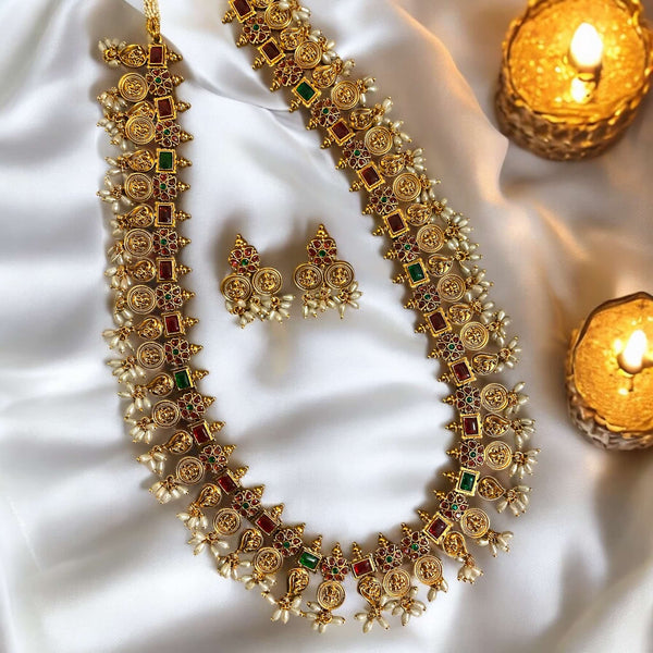 Antique Gold Long Mala with Ruby and Green Stones | South Indian Temple Jewelry | Traditional Bridal Necklace with Pearls | Ethnic Wedding Jewelry | Gold-Plated Long Necklace | Festive Jewelry for Women | Heritage-Inspired Indian Jewelry | Royal Look