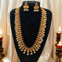 Antique Gold Long Mala Necklace | Temple Jewelry with Ruby, Green Stones & Pearls | South Indian Bridal Necklace | Traditional Ethnic Jewelry | Gold-Plated Festive Jewelry | Wedding Long Haram | Timeless Statement Piece