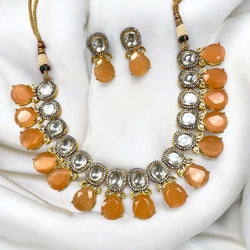 Peach Shibani Kundan Necklace Set |Gold-Plated Kundan Jewelry| American Diamond Necklace |Peach Monalisa Beads| Traditional Indian Bridal Jewelry |Festive Ethnic Necklace Set |Wedding Statement Necklace| South Asian Jewelry for Parties & Celebrations