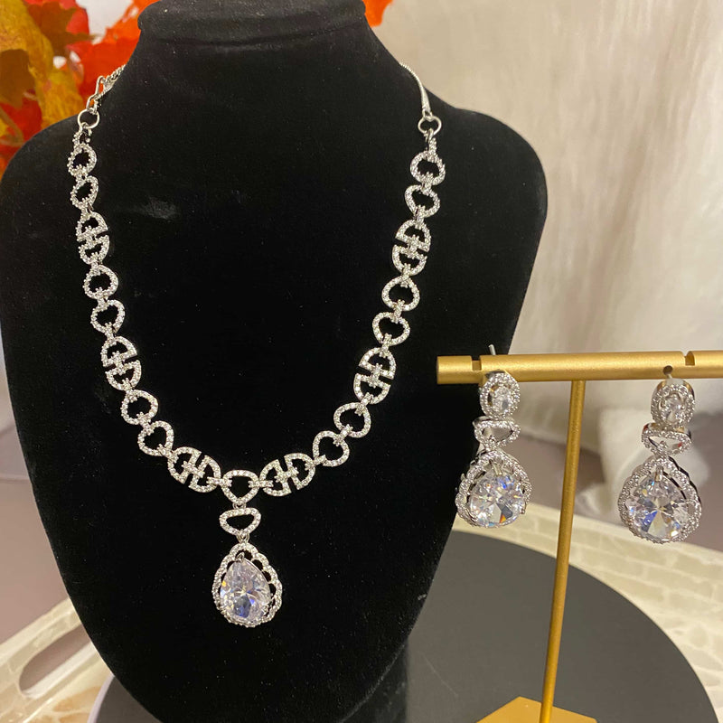 CZ Necklace Set with earrings. Clear stone with cz necklace set. Pendant style american diamond necklace set.