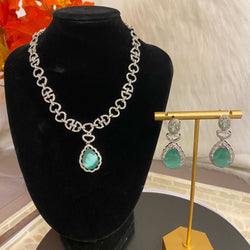 American Diamond Necklace with earrings. Mint monalisa stone necklace set with cubic zirconia. Adjustable length necklace with cz and mint monalisa stone.