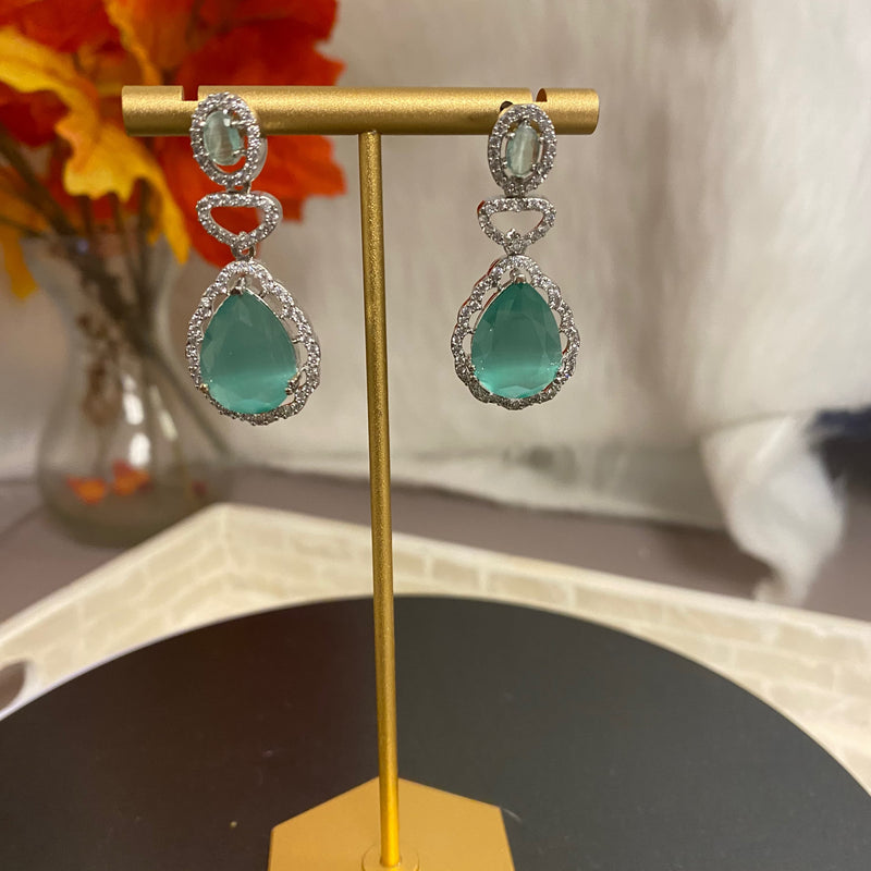 CZ Earrings with mint monalisa stone. Mint American Diamond earrings. Cubic Zirconia earrings with mint monalisa stone.