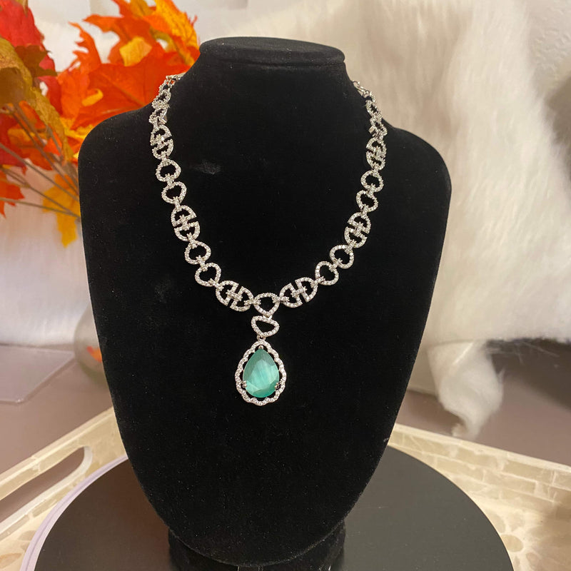 American Diamond Necklace Set with earrings with clear and mint monalisa stones perfect for minimalist jewelry. Best online Indian jewelry store in USA.