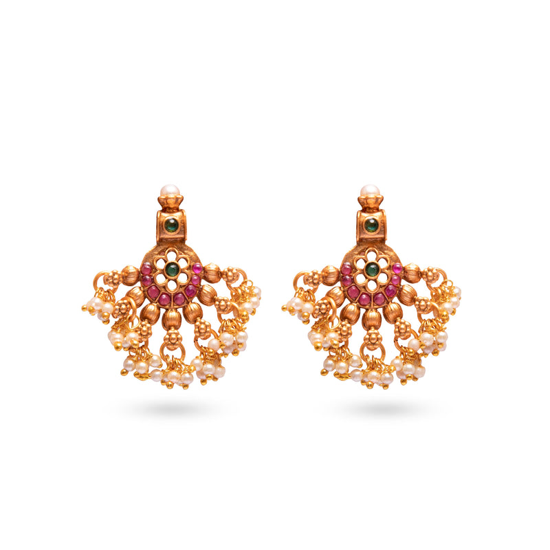 Matt Gold Earrings with ruby and emerald kemp stones with cluster pearls.