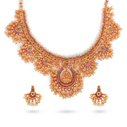 Matt Gold Temple Necklace Set with earrings featuring Indian Red and Green Kemp stones with cluster pearls.