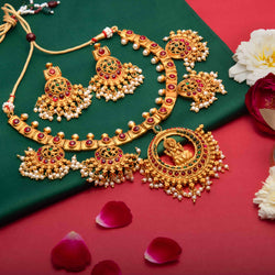 Online Indian Jewelry featuring matt gold necklace set with ruby and emerald kempu stones .