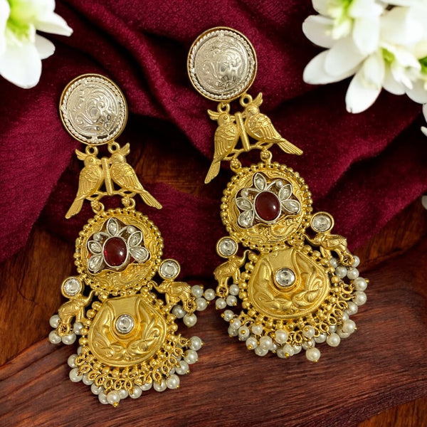 92.5 Silver-Plated Gold Finish Long Earrings with Ruby Stone and Kundan | Bird Motif Earrings | Traditional South Asian Jewelry | Elegant Ethnic Earrings for Weddings and Festive Occasions | Lightweight Statement Jewelry |