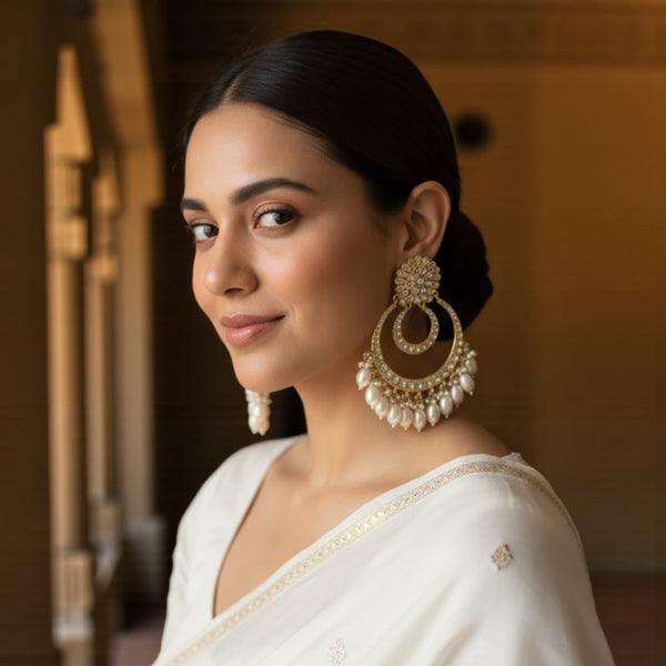 Woman wearing gold plated Kundan chandbali earrings with pearl drops, showcasing their elegant circular design and intricate handcrafted detailing. The earrings feature shimmering Kundan stones and delicate pearls that add a graceful touch to traditional Indian attire. Perfect for weddings, festive occasions, and cultural celebrations, these statement earrings capture the essence of timeless Indian craftsmanship and sophistication.