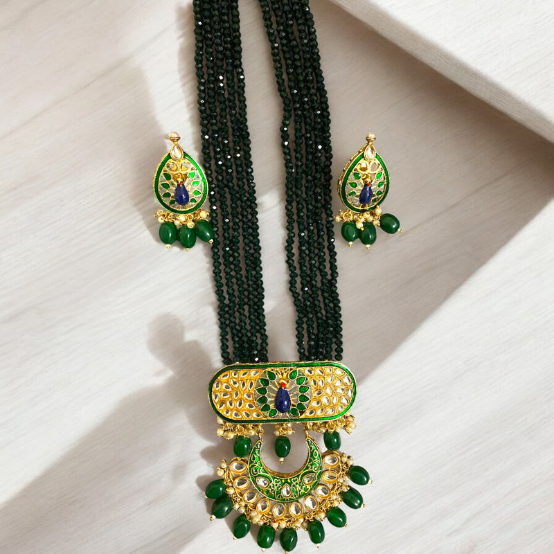 Green Long Necklace Set with Peacock Motif and Kundan Stones | Indian Jewelry | South Asian Necklace with Matching Earrings | Traditional Green Necklace for Weddings and Festivals | Intricate Peacock Design | Elegant Heritage Jewelry